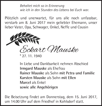 Traueranzeige von Eckart Mauske von Märkische Oderzeitung