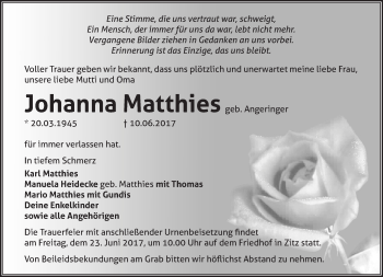 Traueranzeige von Johanna Matthies von Märkische Oderzeitung