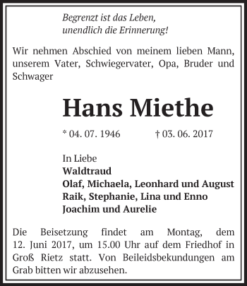 Traueranzeige von Hans Miethe von Märkische Oderzeitung