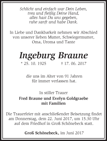 Traueranzeige von Ingeburg Braune von Märkische Oderzeitung