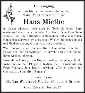 Traueranzeige von Hans Miethe von Märkische Oderzeitung