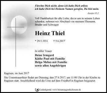 Traueranzeige von Heinz Thiel von Märkische Oderzeitung