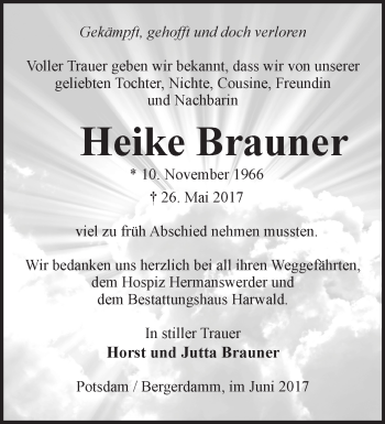 Traueranzeige von Heike Brauner von Märkische Oderzeitung