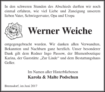 Traueranzeige von Werner Weiche von Märkische Oderzeitung