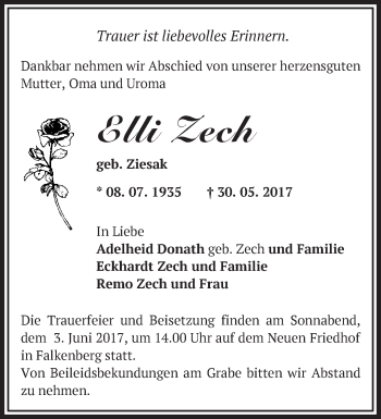 Traueranzeige von Elli Zech von Märkische Oderzeitung