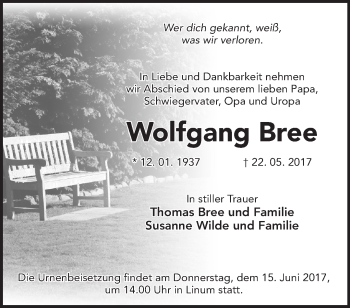 Traueranzeige von Wolfgang Bree von Märkische Oderzeitung