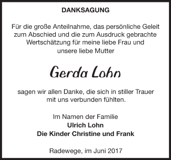 Traueranzeige von Gerda Lohn von Märkische Oderzeitung