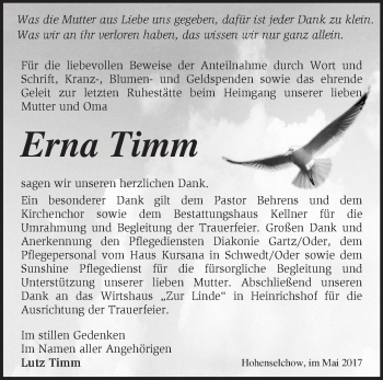 Traueranzeige von Erna Timm von Märkische Oderzeitung