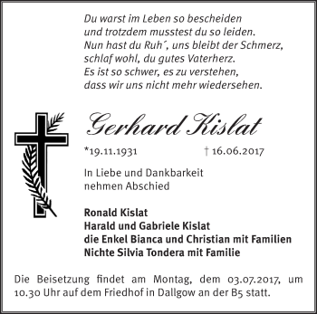 Traueranzeige von Gerhard Kislat von Märkische Oderzeitung