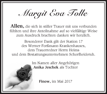 Traueranzeige von Margit Eva Tolle von Märkische Oderzeitung