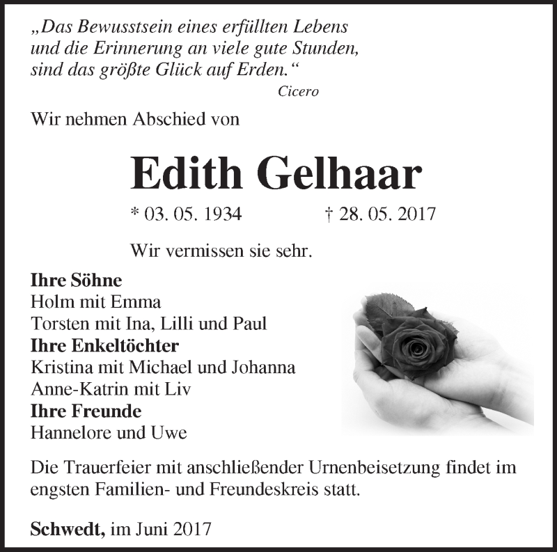  Traueranzeige für Edith Gelhaar vom 06.06.2017 aus Märkische Oderzeitung