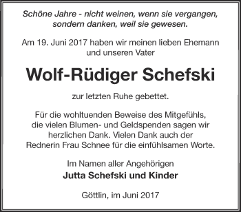 Traueranzeige von Wolf- Rüdiger Schefski von Märkische Oderzeitung