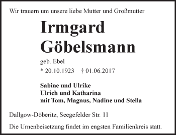 Traueranzeige von Irmgard Göbelsmann von Märkische Oderzeitung