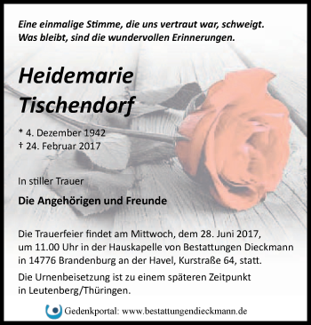 Traueranzeige von Heidemarie Tischendorf von Märkische Oderzeitung