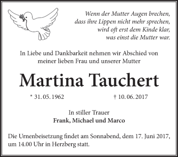 Traueranzeige von Martina Tauchert von Märkische Oderzeitung