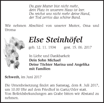 Traueranzeige von Else Steinhöfel von Märkische Oderzeitung