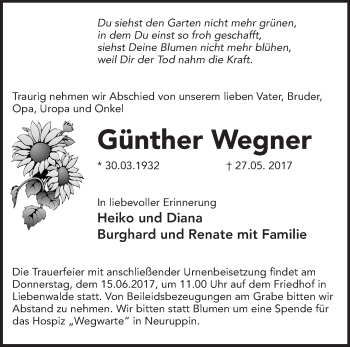 Traueranzeige von Günther Wegner von Märkische Oderzeitung