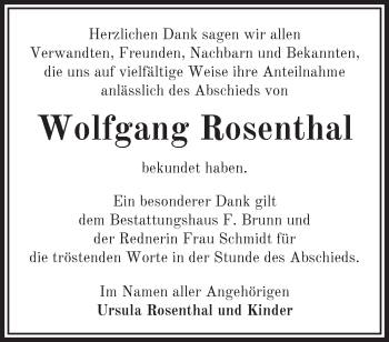 Traueranzeige von Wolfgang Rosenthal von Märkische Oderzeitung