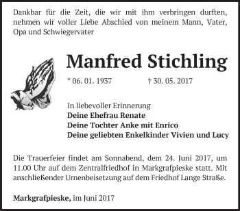 Traueranzeige von Manfred Stichling von Märkische Oderzeitung