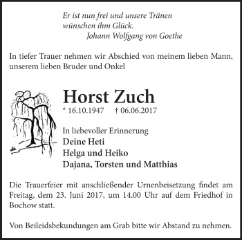 Traueranzeige von Horst Zuch von Märkische Oderzeitung