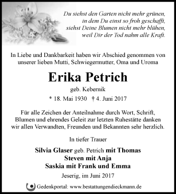 Traueranzeige von Erika Petrich von Märkische Oderzeitung