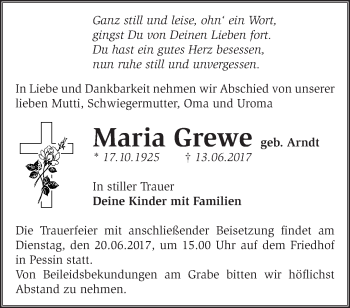 Traueranzeige von Maria Grewe von Märkische Oderzeitung