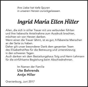 Traueranzeige von Ingrid Maria Ellen Hiller von Märkische Oderzeitung