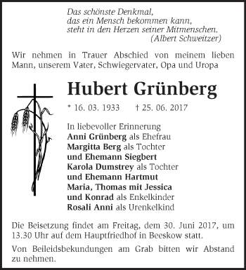 Traueranzeige von Hubert Grünberg von Märkische Oderzeitung