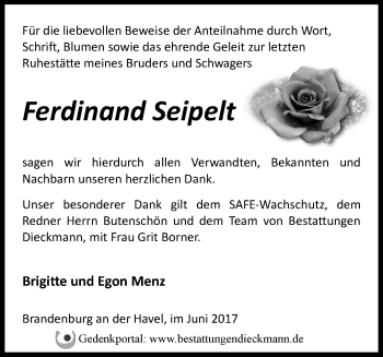 Traueranzeige von Ferdinand Seipelt von Märkische Oderzeitung