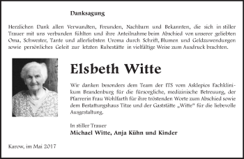 Traueranzeige von Elsbeth Witte von Märkische Oderzeitung