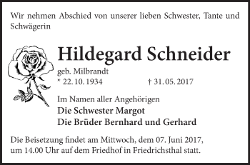 Traueranzeige von Hildegard Schneider von Märkische Oderzeitung