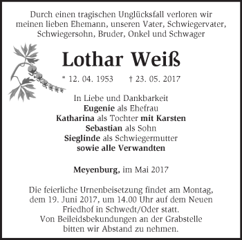 Traueranzeige von Lothar Weiß von Märkische Oderzeitung