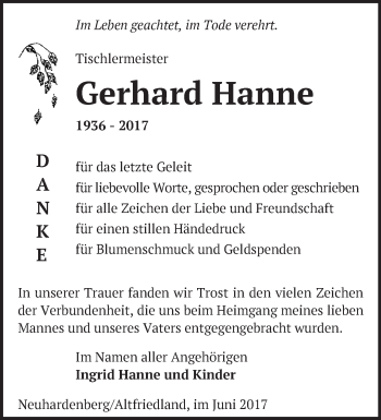 Traueranzeige von Gerhard Hanne von Märkische Oderzeitung