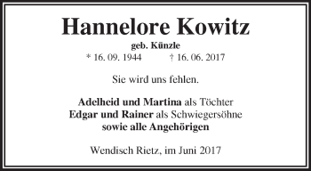 Traueranzeige von Hannelore Kowitz von Märkische Oderzeitung