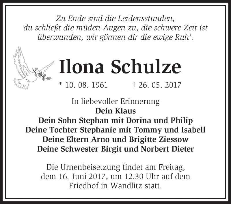  Traueranzeige für Ilona Schulze vom 10.06.2017 aus Märkische Oderzeitung