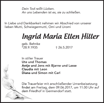 Traueranzeige von Ingrid Maria Ellen Hiller von Märkische Oderzeitung