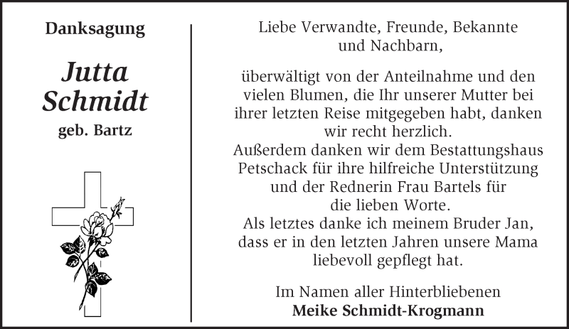 Traueranzeige für Jutta Schmidt vom 25.06.2017 aus Märkische Oderzeitung