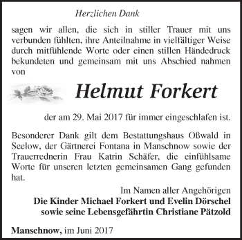 Traueranzeige von Helmut Forkert von Märkische Oderzeitung