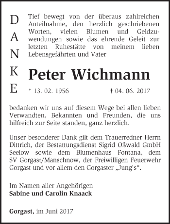 Traueranzeige von Peter Wichmann von Märkische Oderzeitung