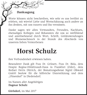 Traueranzeige von Horst Schulz von Märkische Oderzeitung