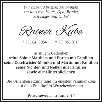 Traueranzeige von Rainer Kube von Märkische Oderzeitung