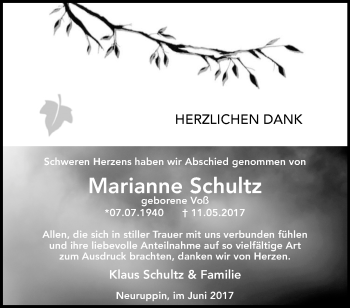 Traueranzeige von Marianne Schultz von Märkische Oderzeitung