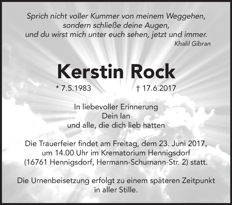  Traueranzeige für Kerstin Rock vom 21.06.2017 aus Märkische Oderzeitung
