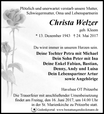 Traueranzeige von Christa Welzer von Märkische Oderzeitung