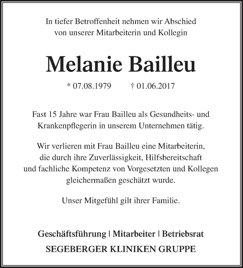  Traueranzeige für Melanie Bailleu vom 25.06.2017 aus Märkische Oderzeitung