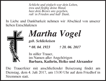 Traueranzeige von Martha Vogel von Märkische Oderzeitung