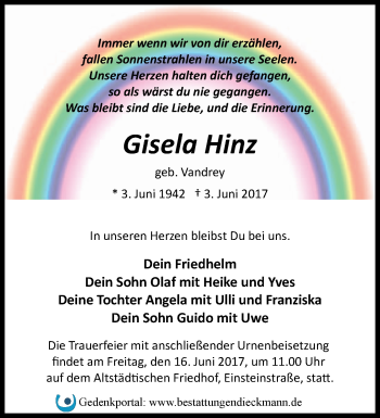 Traueranzeige von Gisela Hinz von Märkische Oderzeitung