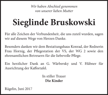 Traueranzeige von Sieglinde Bruskowski von Märkische Oderzeitung