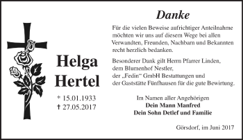 Traueranzeige von Helga Hertel von Märkische Oderzeitung