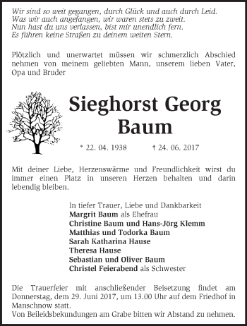 Traueranzeige von Sieghorst Georg Baum von Märkische Oderzeitung